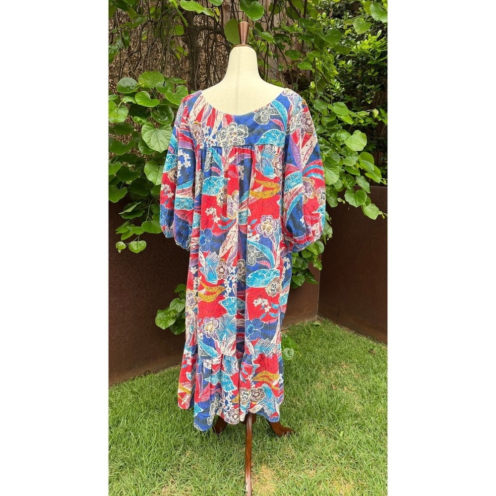 Vtg 80s California Dynasty Batik Floral Peasant Midi Dress Balloon Sleeve Boho - Picture 2 of 8